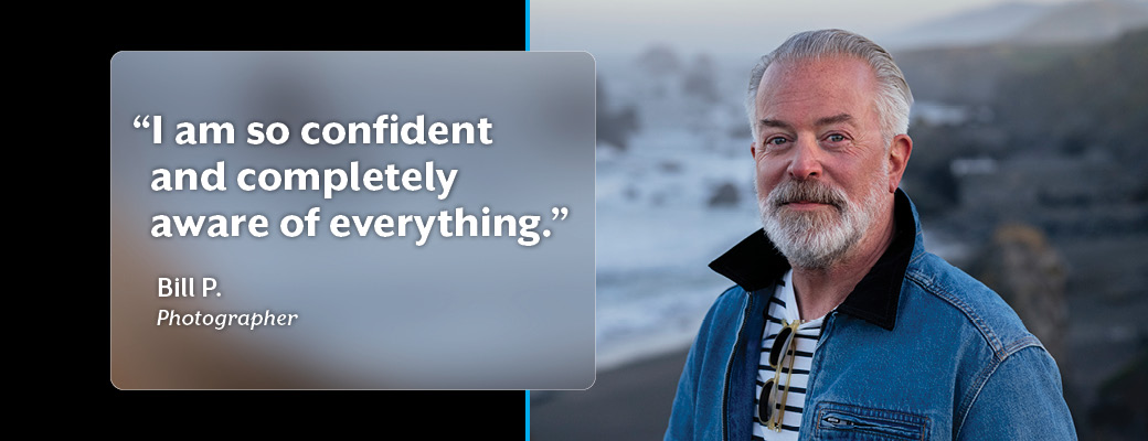 Image of middle aged man at the beach saying that he is so confident and completely aware of everything